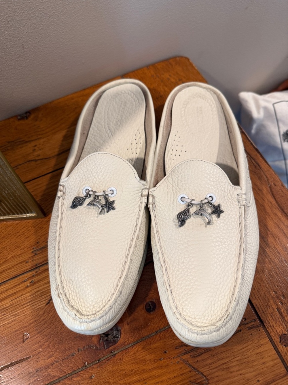 Sperry Cream Leather Slip-On Loafers with Silver Charms